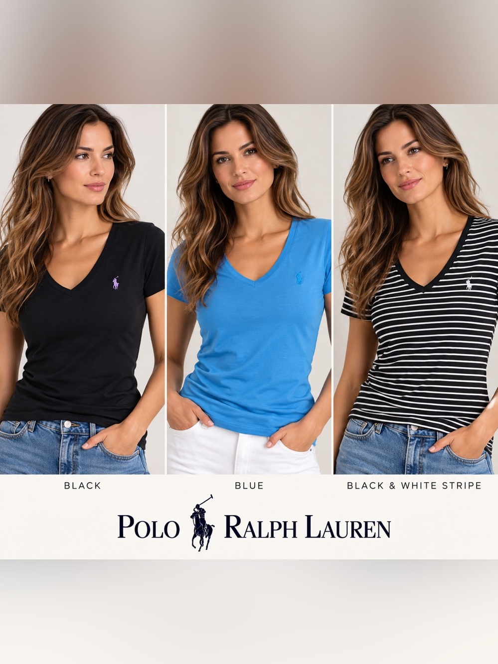 Polo Ralph Lauren Womenโs Fitted V-Neck T-Shirt 3-Piece Set โBlack, Blue & Strip